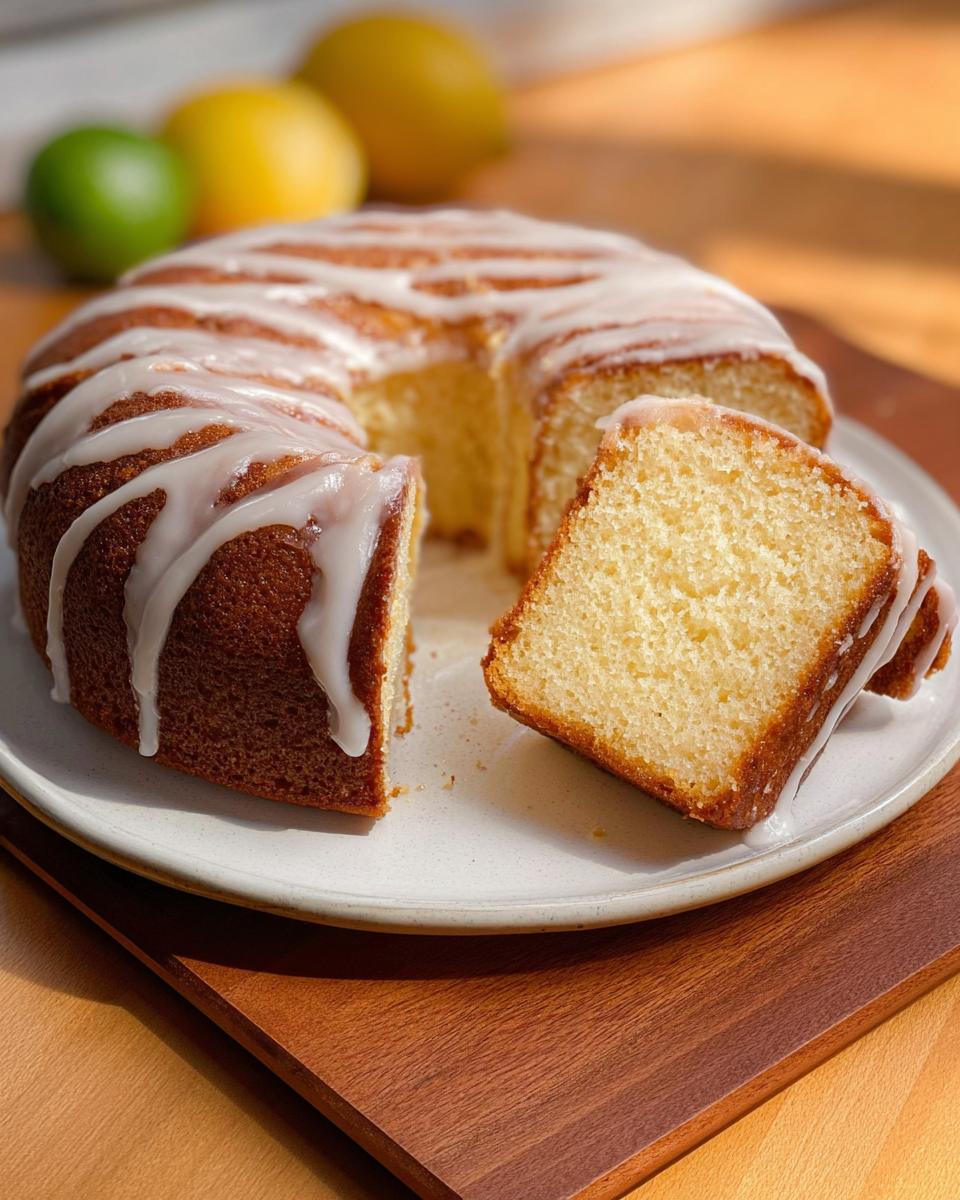 A slice of moist lemon bundt cake with a white glaze, perfect for cake ideas recipes.