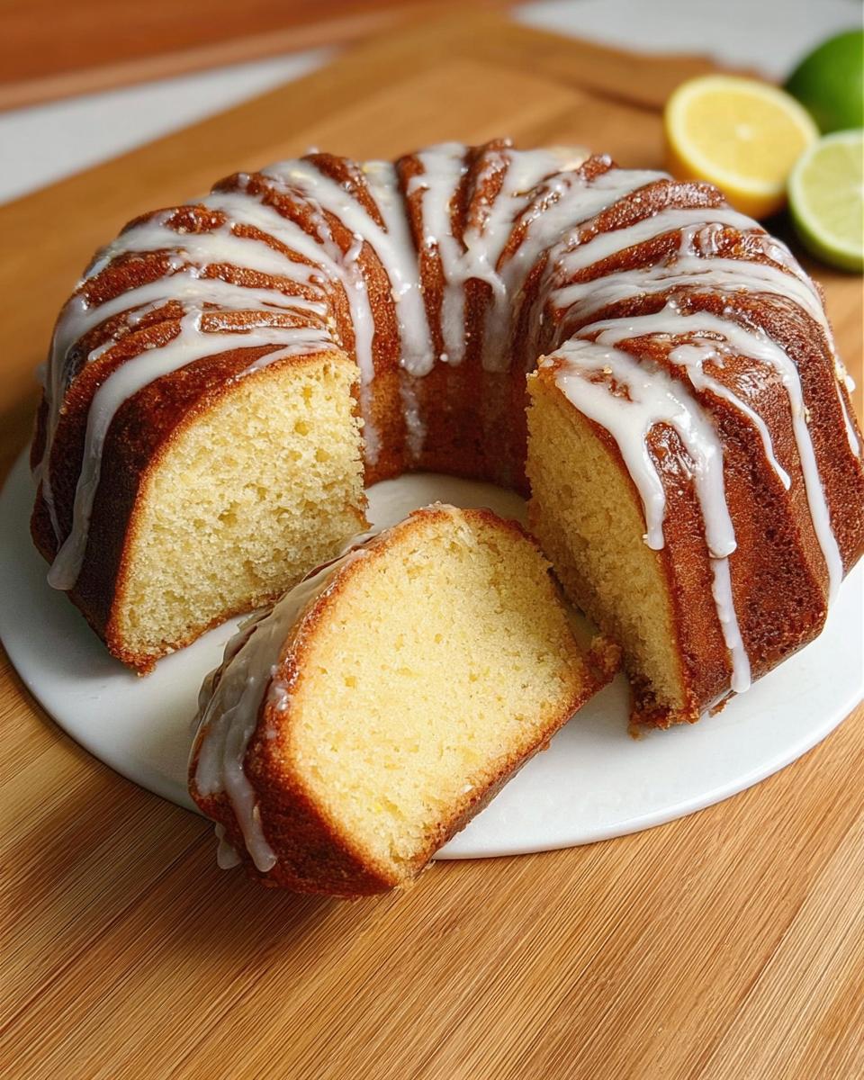 A delicious lemon bundt cake with white icing and two slices cut, perfect for cake craving ideas.