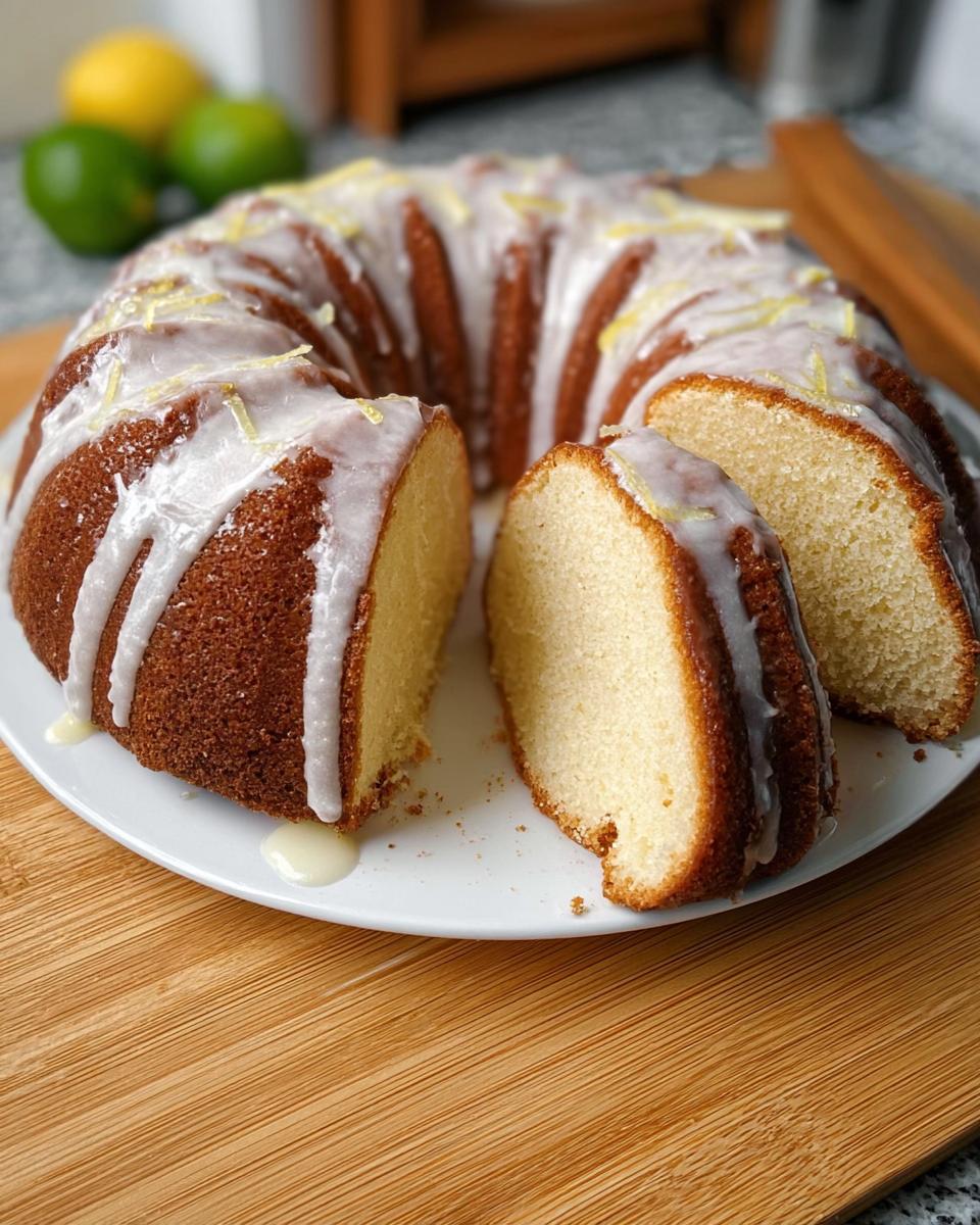 A delicious lemon bundt cake with white icing and lemon zest, sliced to show its moist crumb.