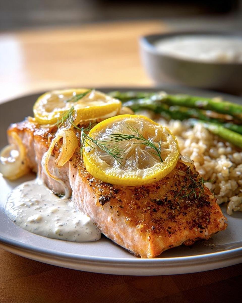 A perfectly cooked salmon fillet topped with lemon slices and dill, served with rice and asparagus. A delicious salmon recipe.