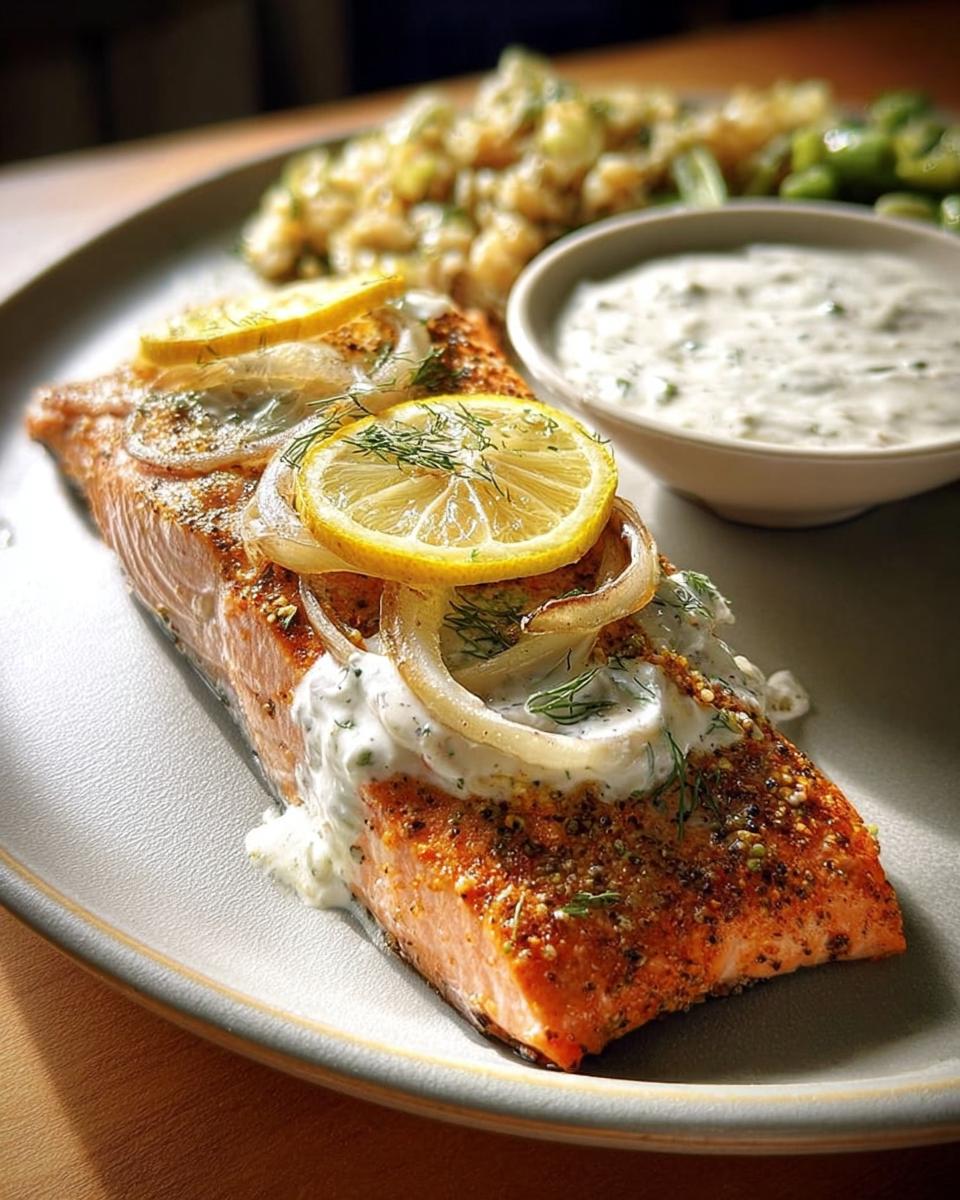 A perfectly cooked salmon fillet topped with lemon slices and onions, served with a creamy dill sauce and sides.