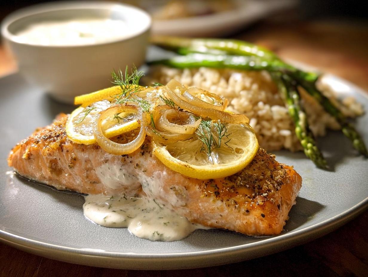A perfectly cooked salmon fillet topped with lemon slices and onions, served with rice and asparagus. One of 20 Genius Salmon Recipes.