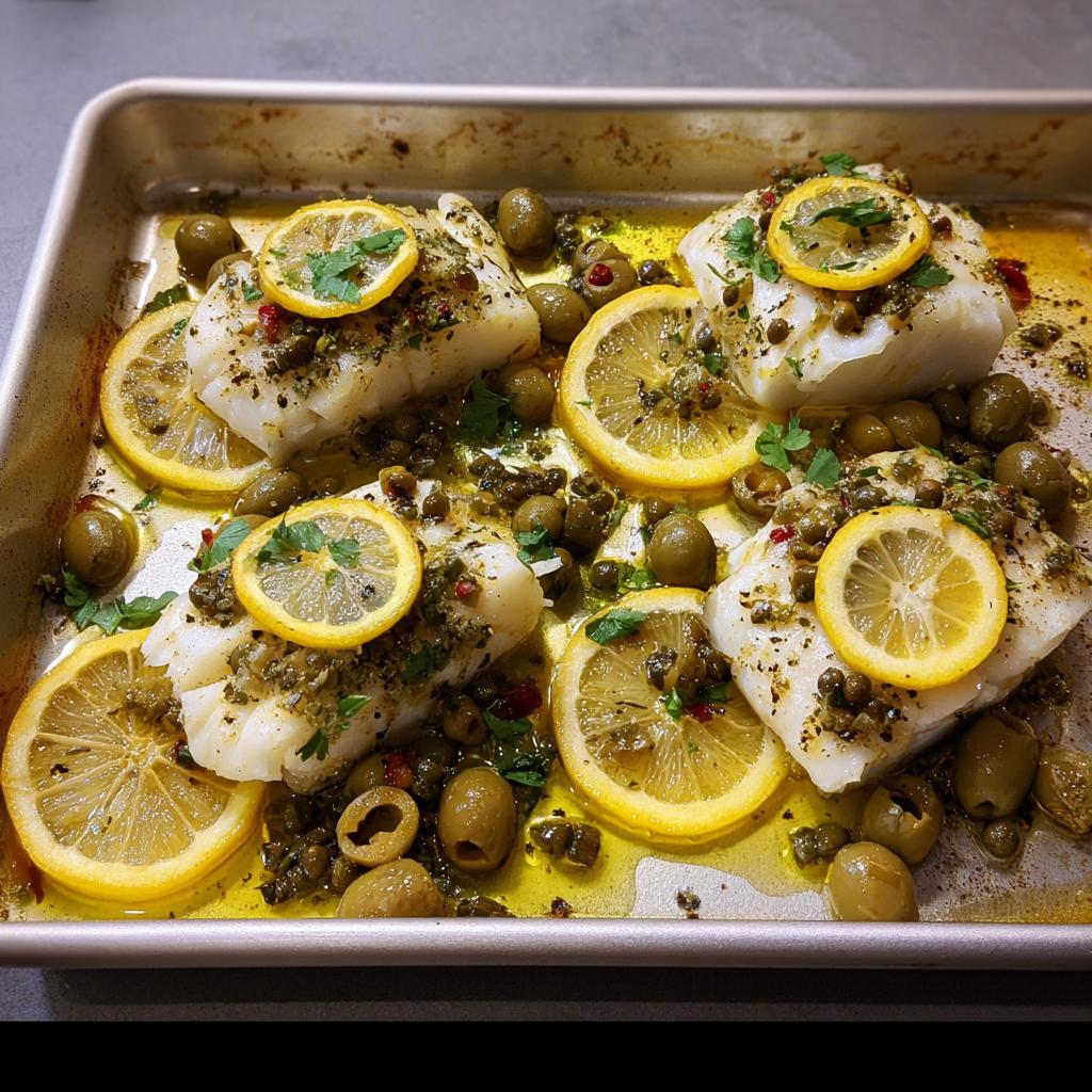 Four pieces of baked cod topped with lemon slices, capers, and herbs, surrounded by olives.
