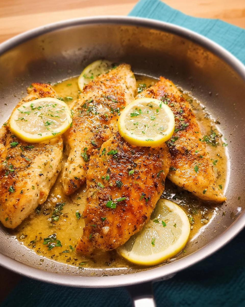 Close-up of pan-seared chicken breasts with lemon slices and herbs, a quick and healthy meal.