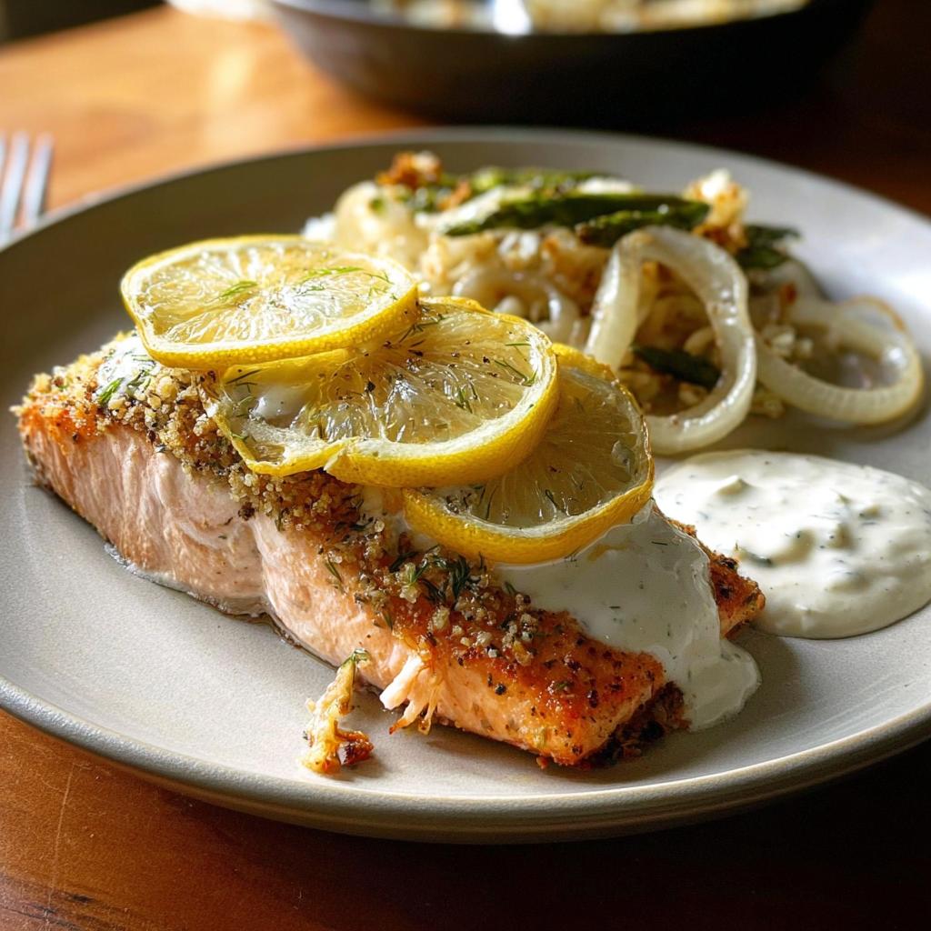 A delicious lemon herb crusted salmon fillet topped with lemon slices, served with a side of vegetables and sauce.