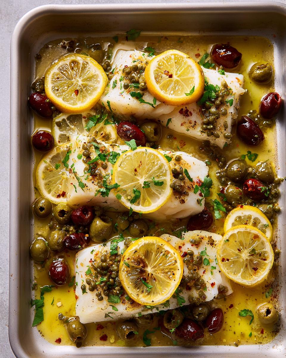 Three pieces of white fish baked with lemon slices, olives, and capers in a baking dish. A delicious veggie side.
