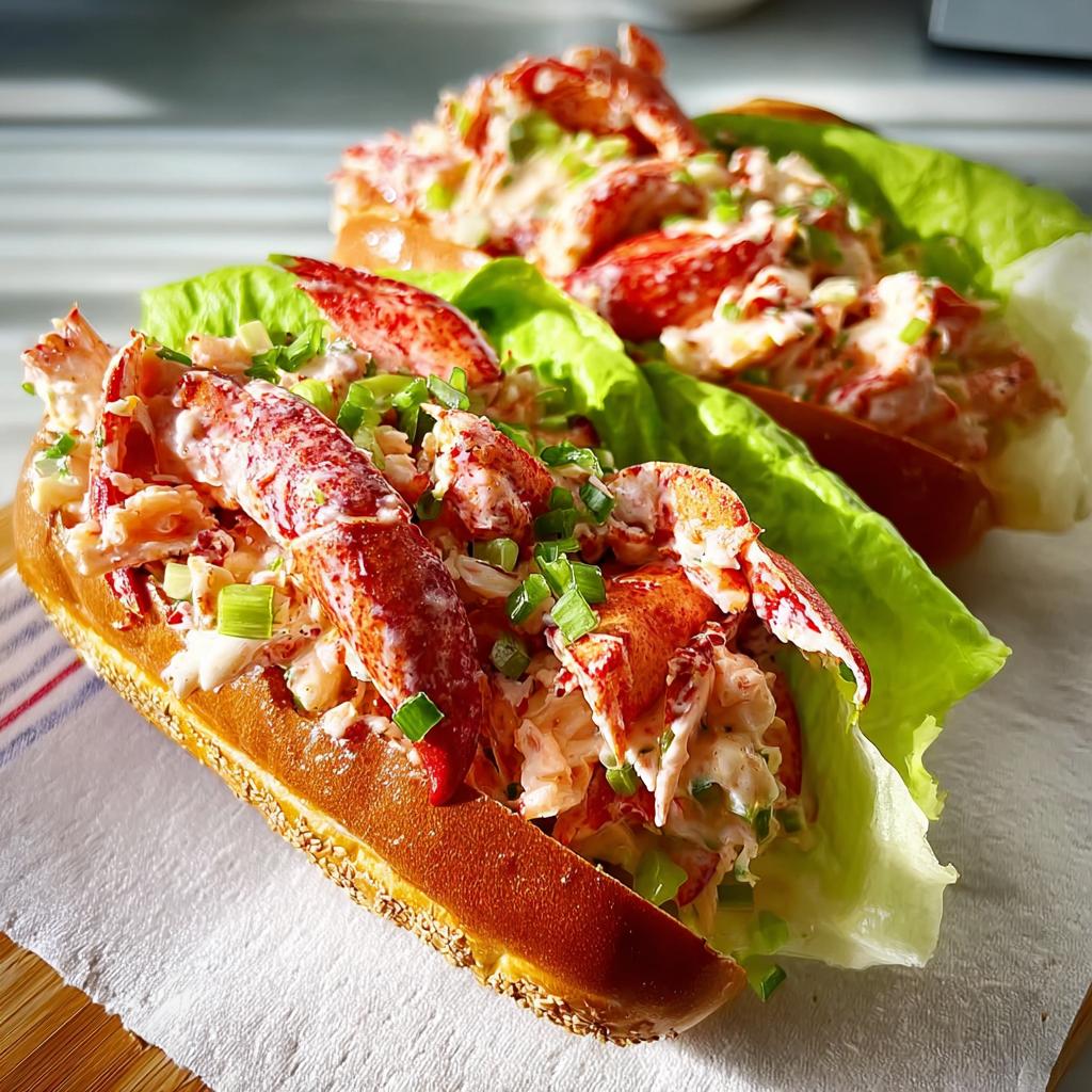 Two gourmet lobster roll sandwiches filled with fresh lobster meat, creamy dressing, and green onions on toasted buns.
