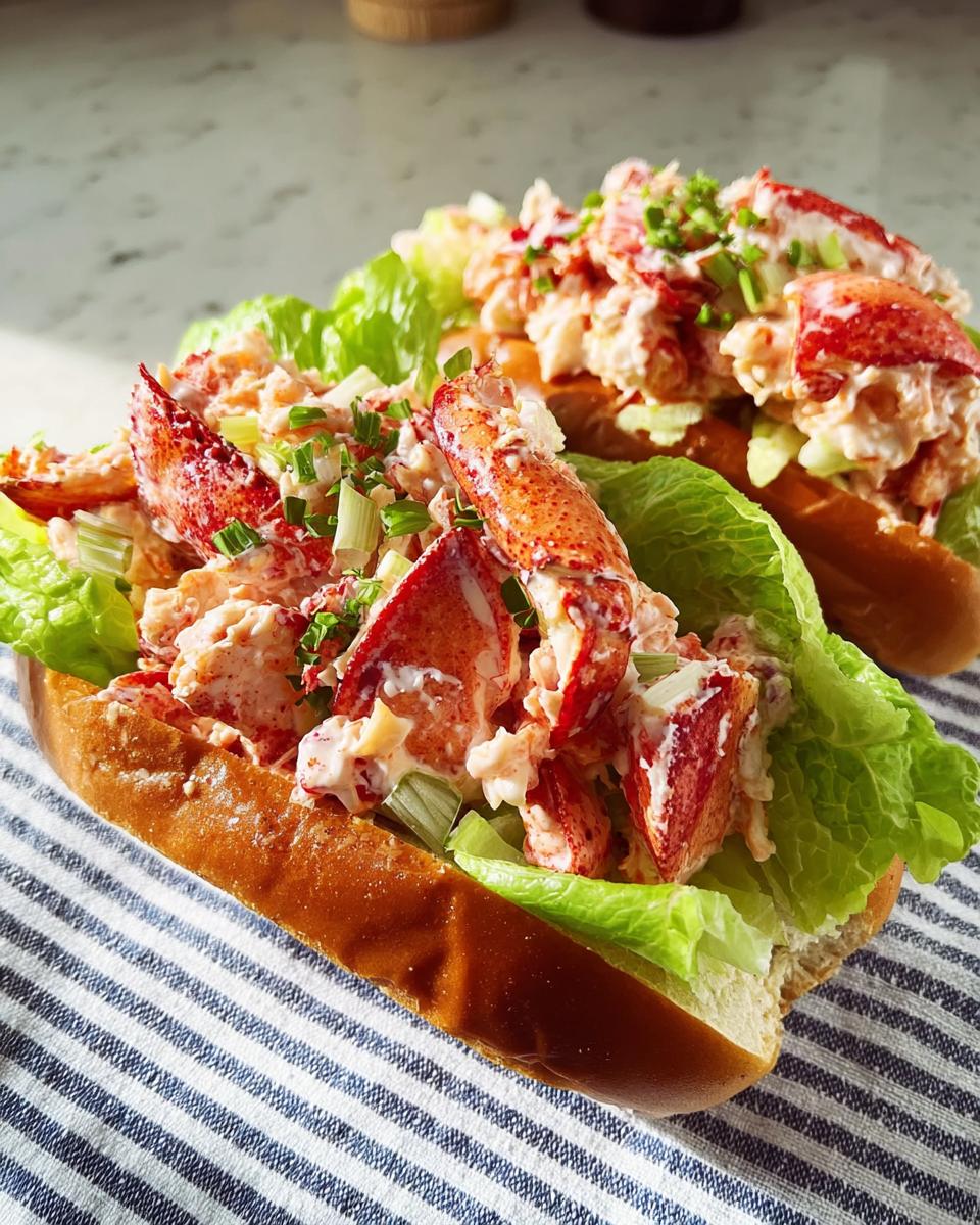 Two gourmet lobster roll sandwiches filled with fresh lobster meat, creamy sauce, celery, and lettuce on toasted buns.