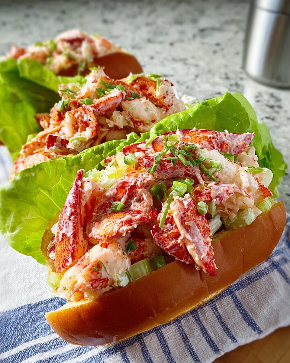 A delicious lobster roll sandwich filled with fresh lobster meat, celery, and green onions, served on a bun with lettuce.
