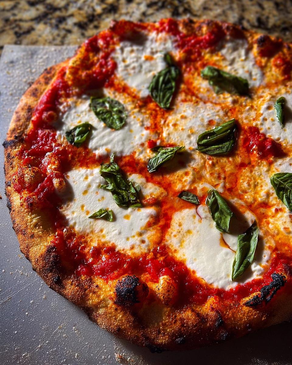 Close-up of a freshly baked Margherita pizza with melted mozzarella, tomato sauce, and basil, perfect for pizza night.