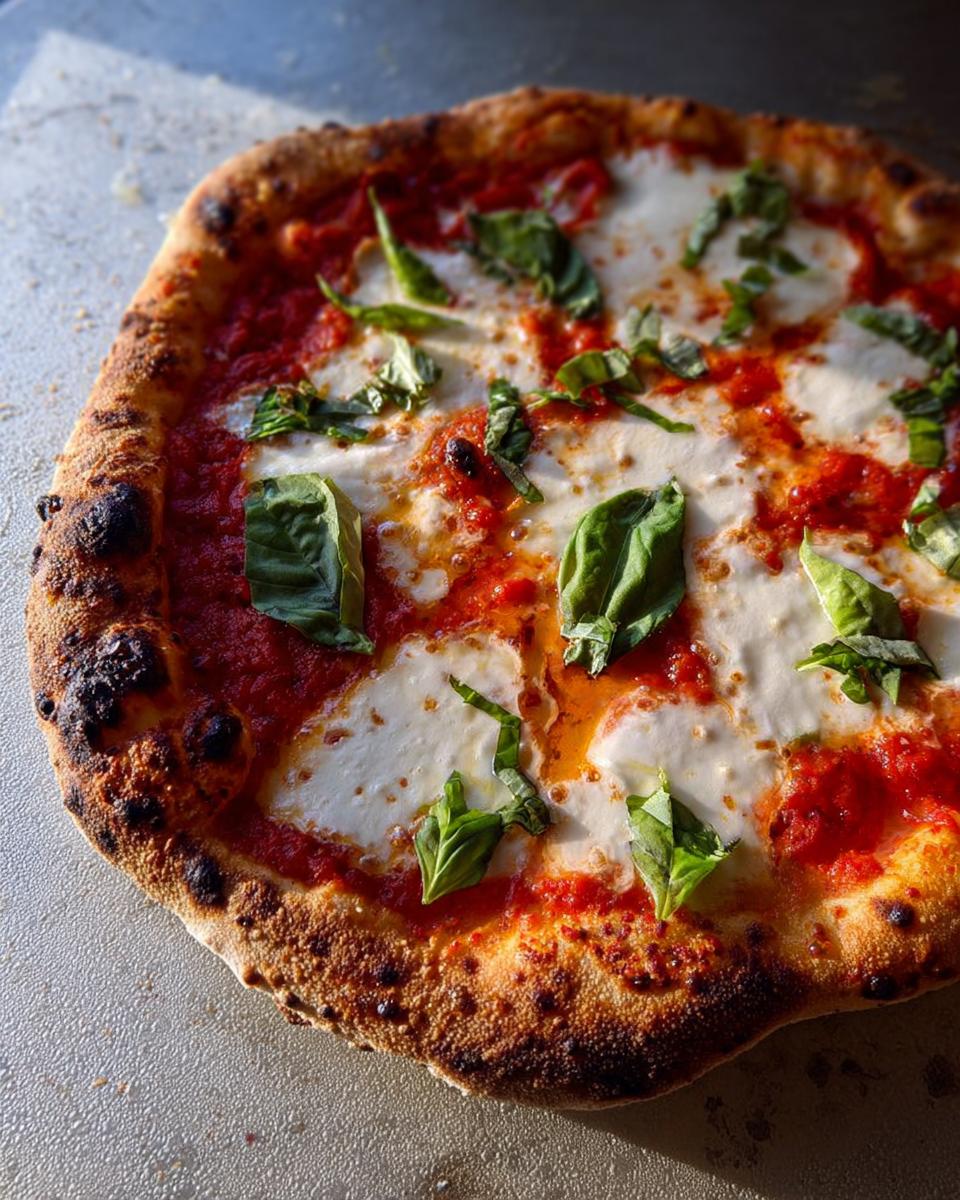 A close-up of a freshly baked Margherita pizza, featuring a bubbly crust, rich tomato sauce, melted mozzarella, and fresh basil leaves.