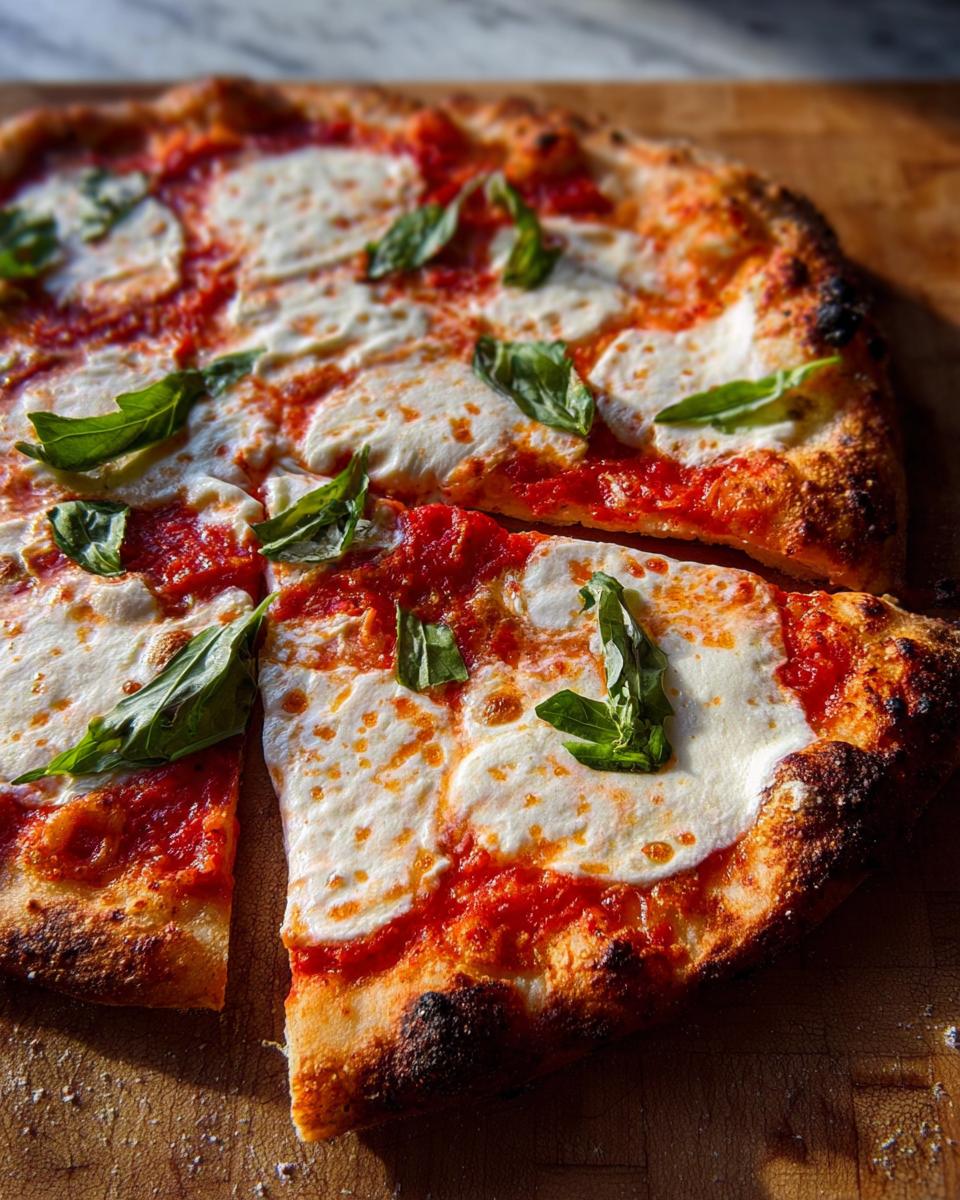 A close-up of a freshly baked Margherita pizza with melted mozzarella, tomato sauce, and basil, perfect for pizza night.