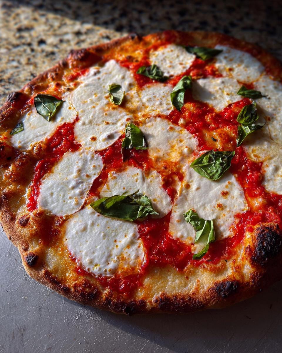 A close-up of a freshly baked Margherita pizza with melted mozzarella, tomato sauce, and fresh basil leaves, perfect for pizza night.