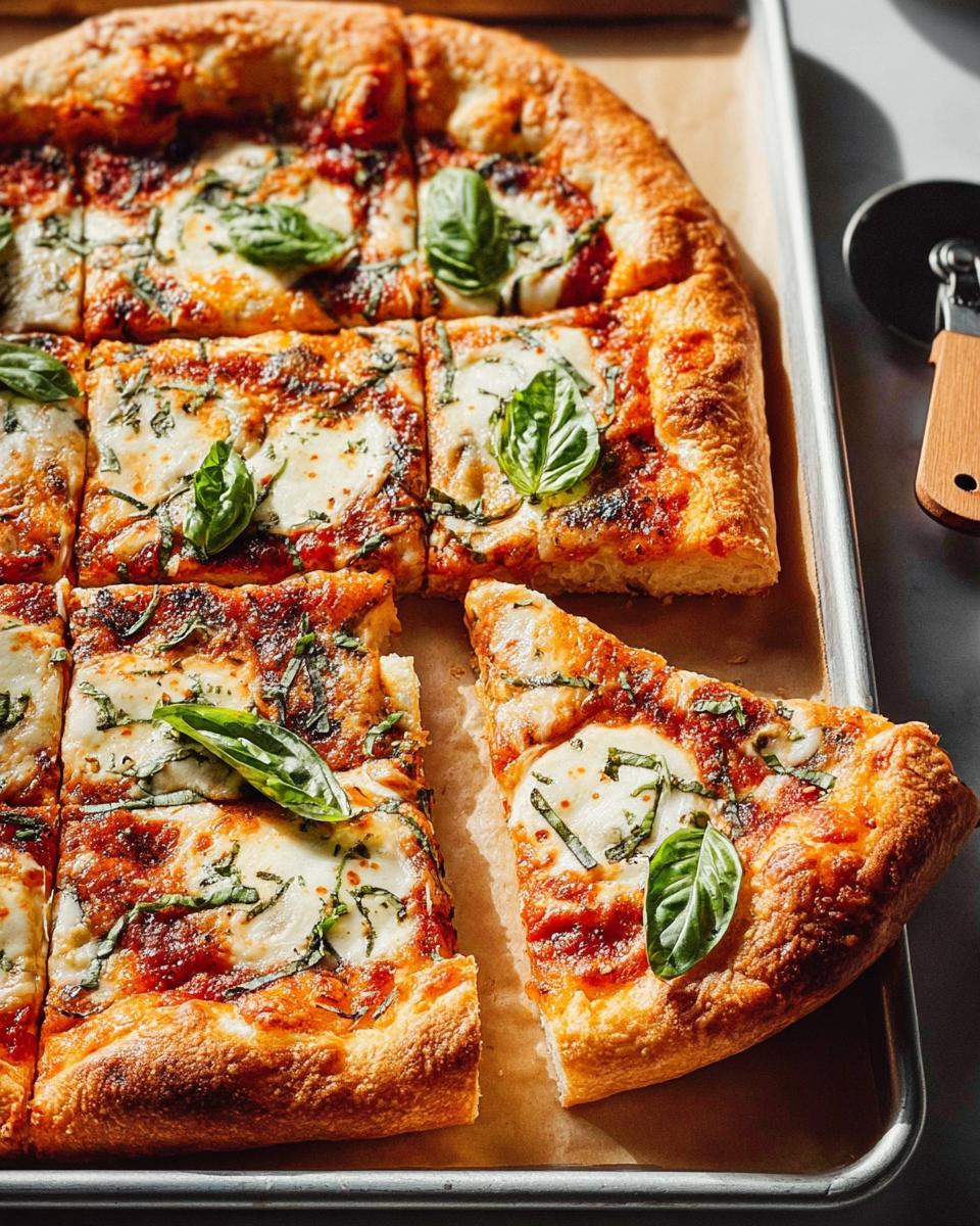 A freshly baked Margherita pizza, cut into squares, with a slice removed, perfect for quick Pizza Night Recipes.