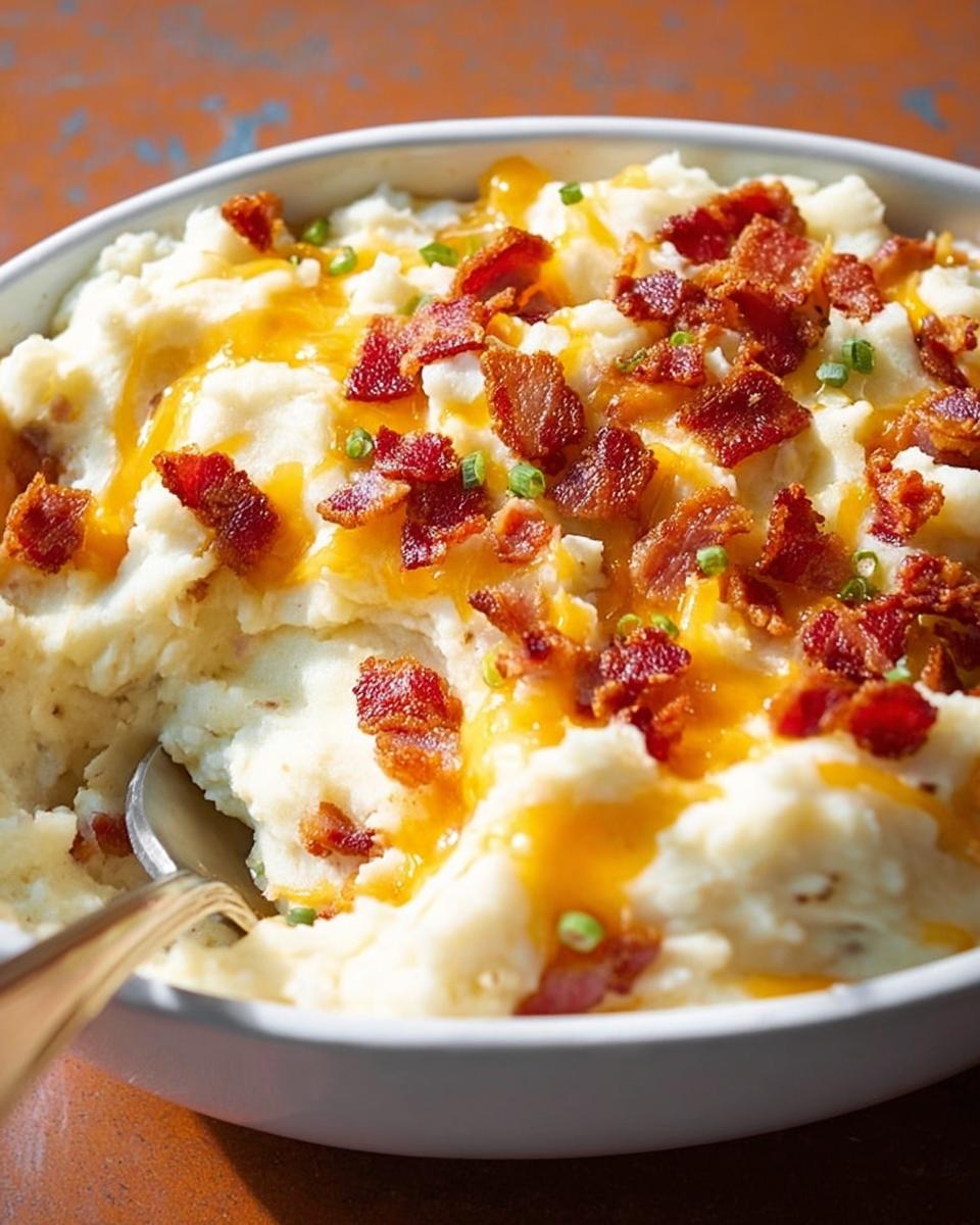 A close-up of creamy mashed potatoes topped with crispy bacon, melted cheese, and chives.