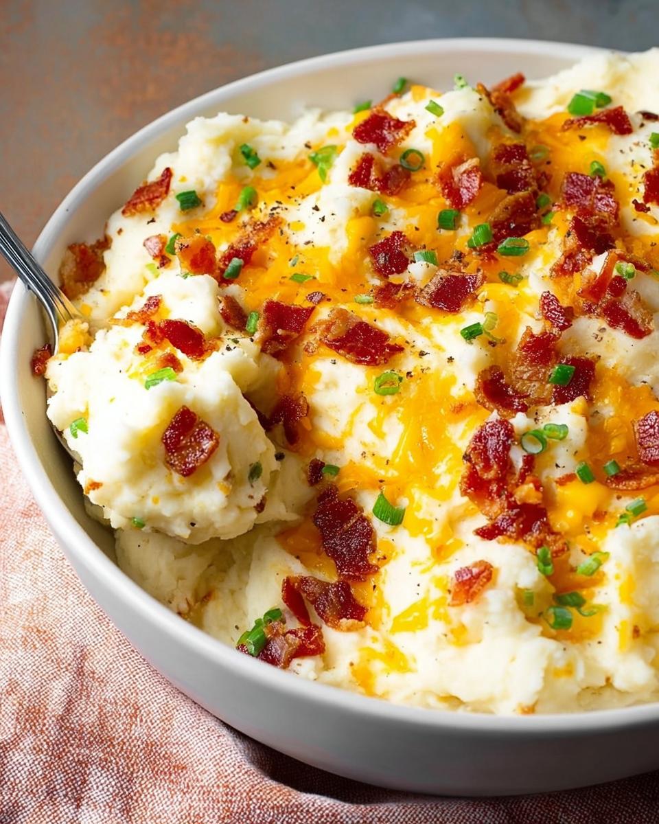 A bowl of creamy mashed potatoes topped with melted cheddar cheese, crispy bacon bits, and chopped chives.
