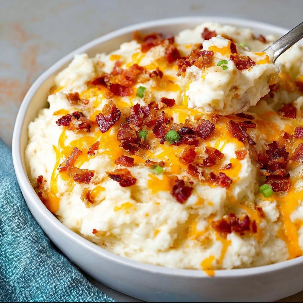 A bowl of creamy mashed potatoes topped with melted cheddar cheese, crispy bacon bits, and green onions.