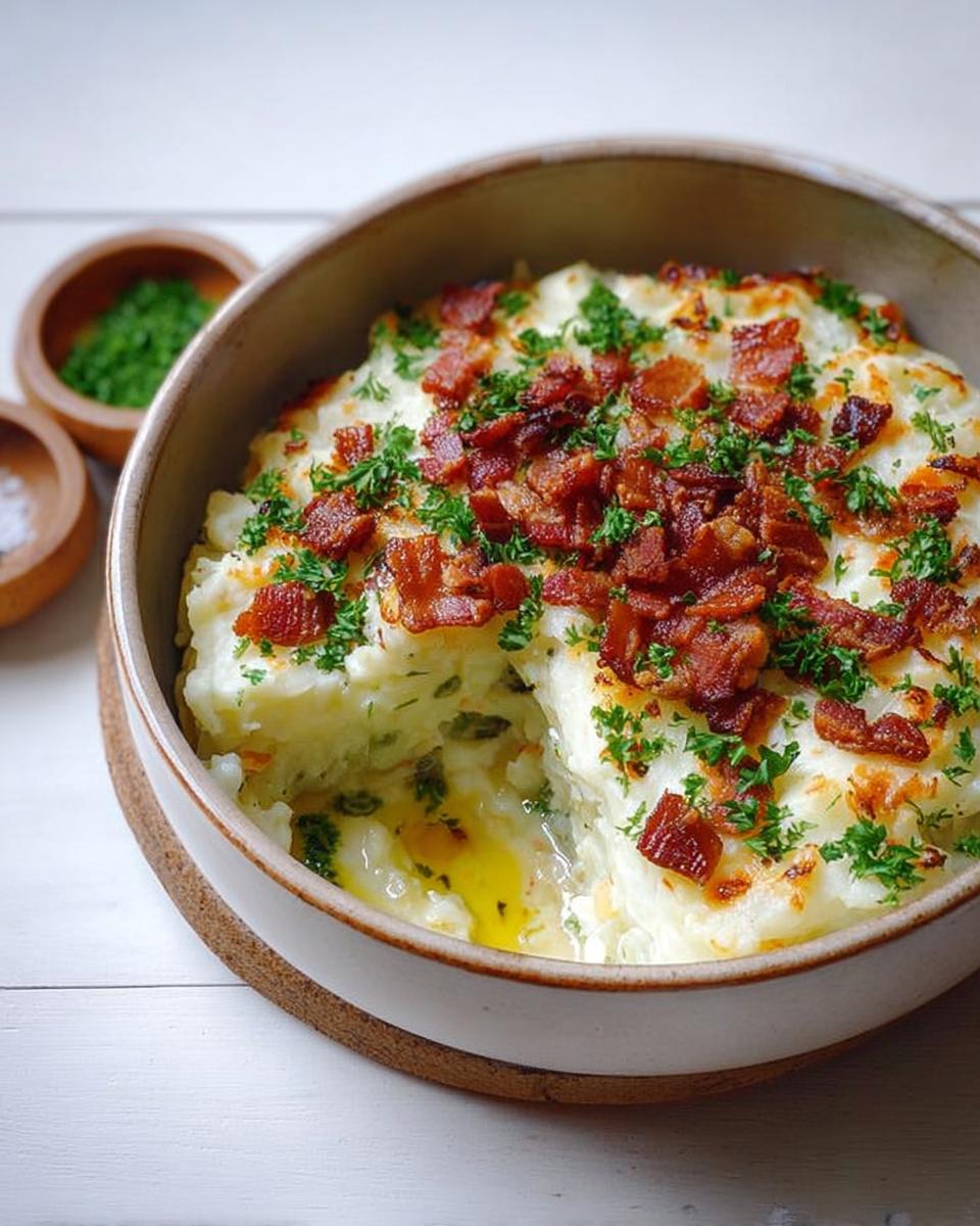 A bowl of creamy mashed potatoes topped with crispy bacon bits and fresh parsley, a perfect side for busy weeknights.