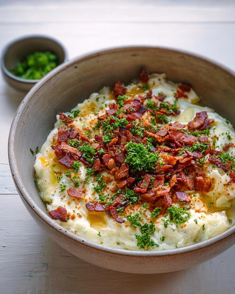 A bowl of creamy mashed potatoes topped with crispy bacon bits and fresh parsley, part of 10 Genius Mashed Potatoes Recipes Ideas.