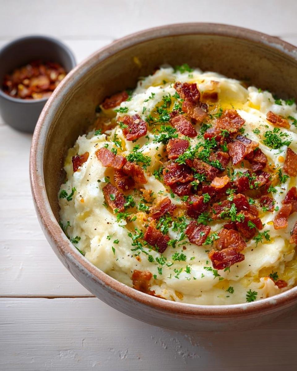 A bowl of creamy mashed potatoes topped with crispy bacon bits and fresh parsley, part of 10 Genius Mashed Potatoes Recipes Ideas.