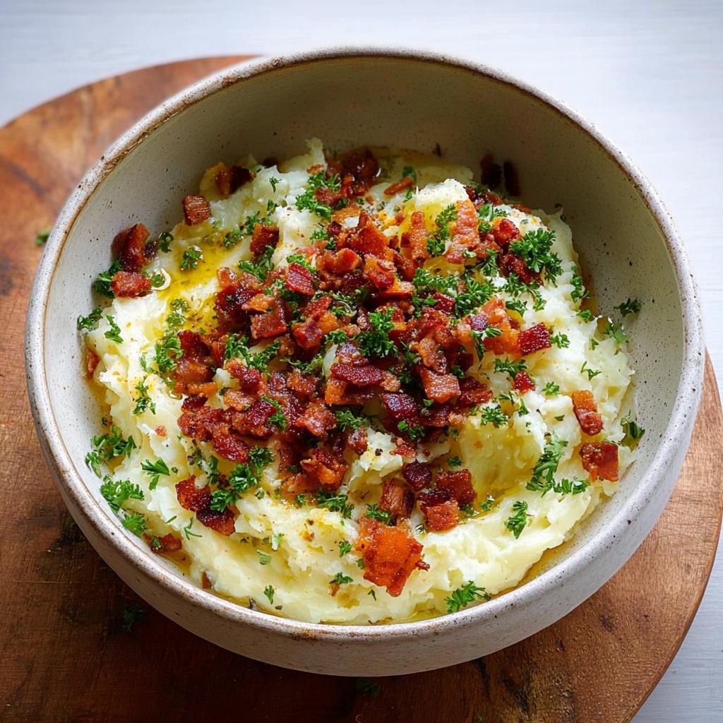 A bowl of creamy mashed potatoes topped with crispy bacon bits and fresh parsley, part of 10 Genius Mashed Potatoes Recipes Ideas for Busy Weeknights.