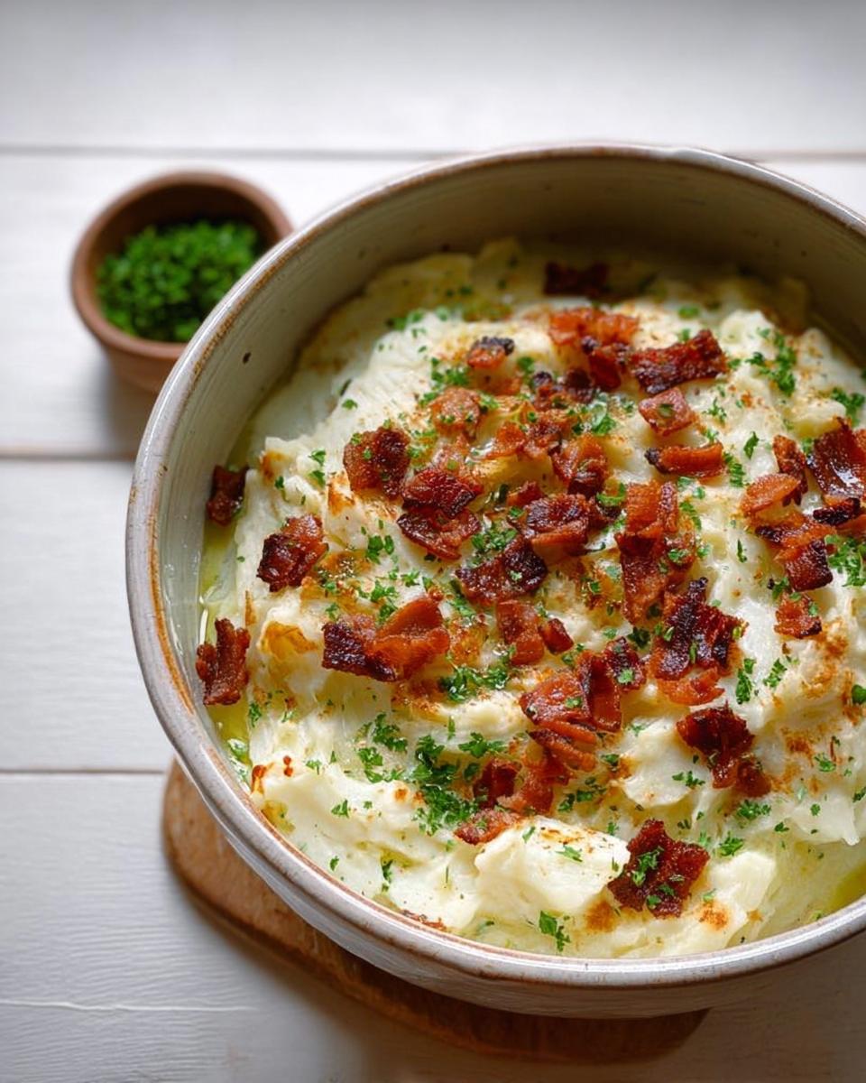 A bowl of creamy mashed potatoes topped with crispy bacon bits and fresh parsley, perfect for busy weeknights.
