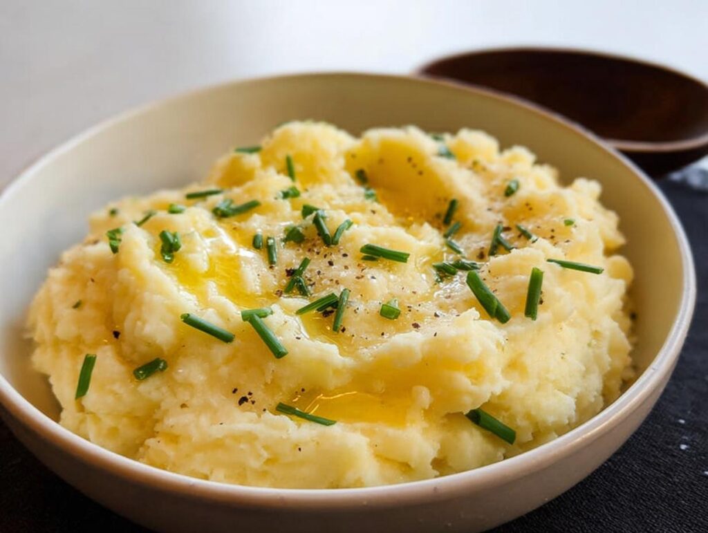 A close-up of fluffy mashed potatoes topped with melted butter, black pepper, and fresh chives.