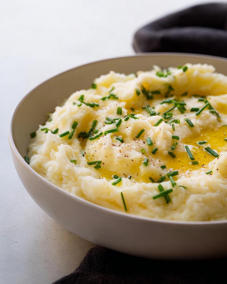 A close-up of creamy mashed potatoes topped with melted butter, black pepper, and fresh chives.