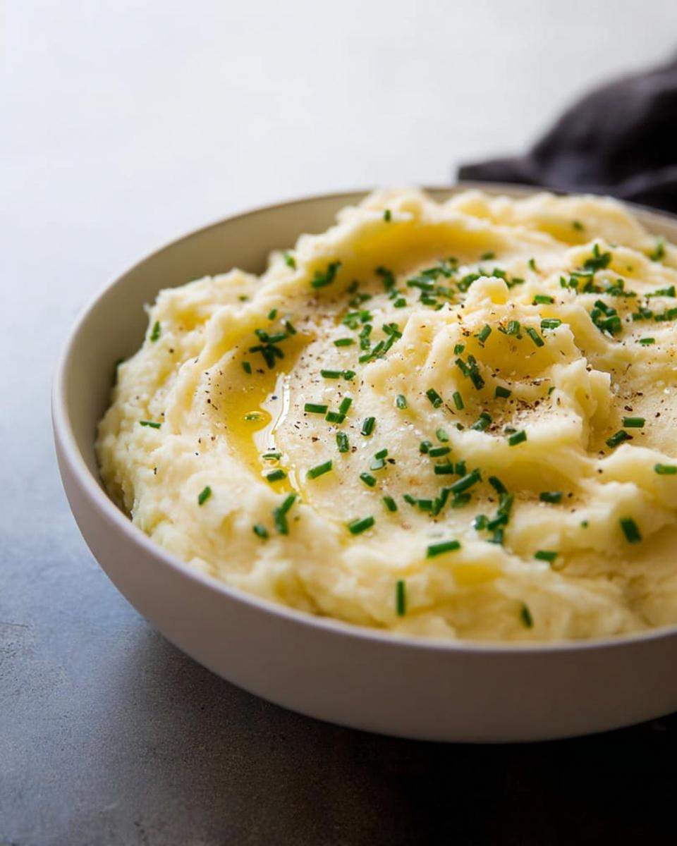 A bowl of fluffy mashed potatoes topped with melted butter, chives, and black pepper. The Ultimate Mashed Potatoes Recipes Guide for Beginners.