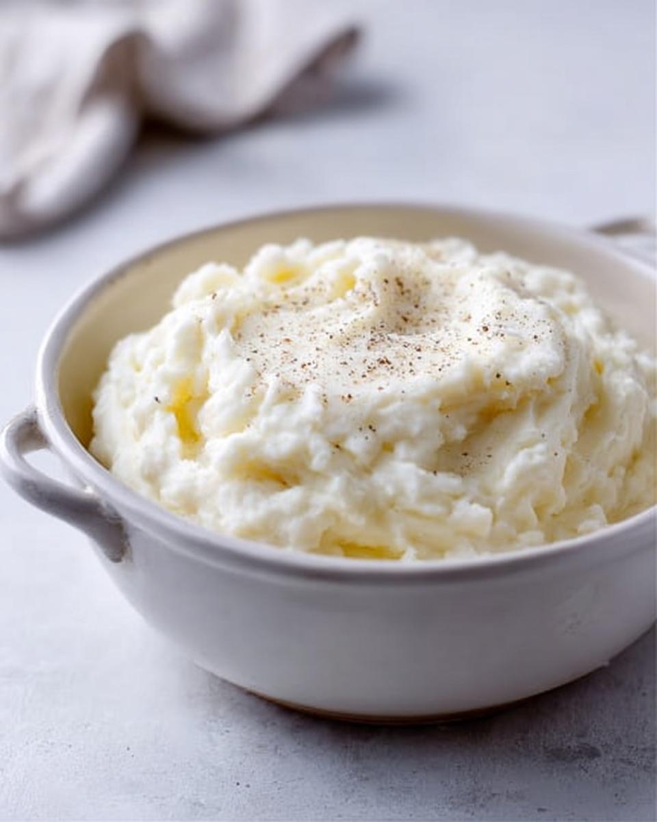 A white bowl filled with creamy mashed potatoes, seasoned with black pepper, perfect for meal prep.