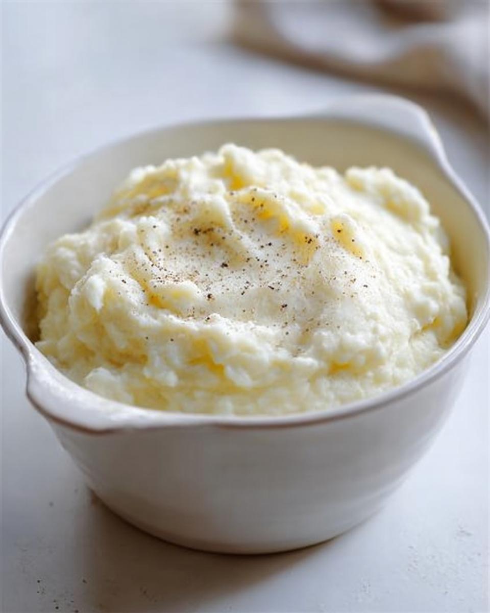 A close-up of creamy mashed potatoes in a white bowl, seasoned with black pepper, perfect for meal prep.