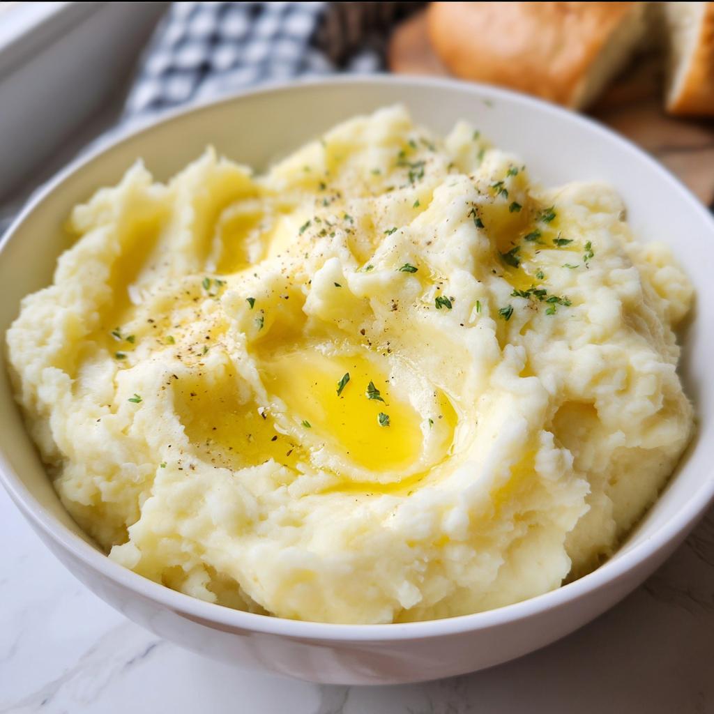 A close-up of a bowl of fluffy mashed potatoes topped with melted butter and fresh parsley. Perfect for quick mashed potatoes recipes.