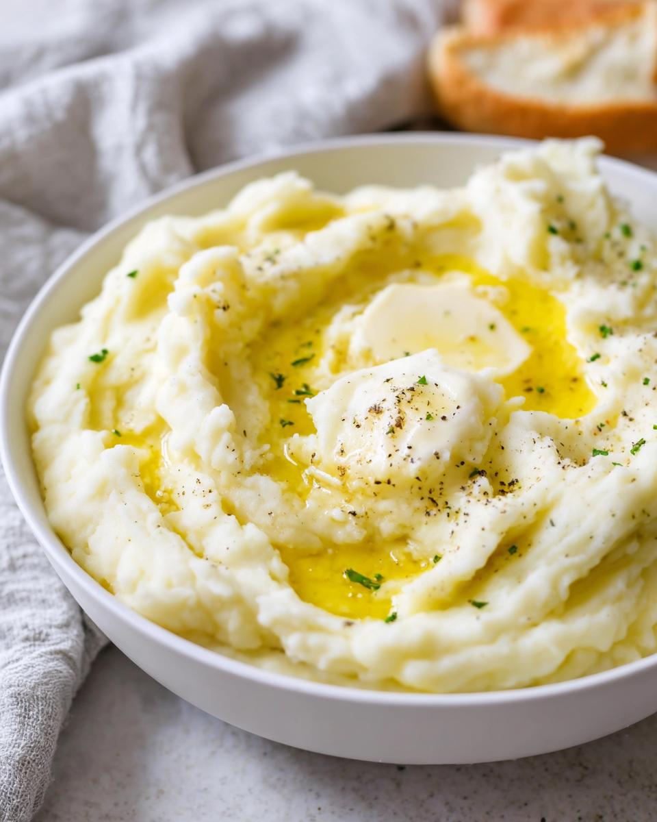Close-up of a bowl of creamy mashed potatoes topped with melting butter, black pepper, and parsley. A quick and easy mashed potatoes recipe.