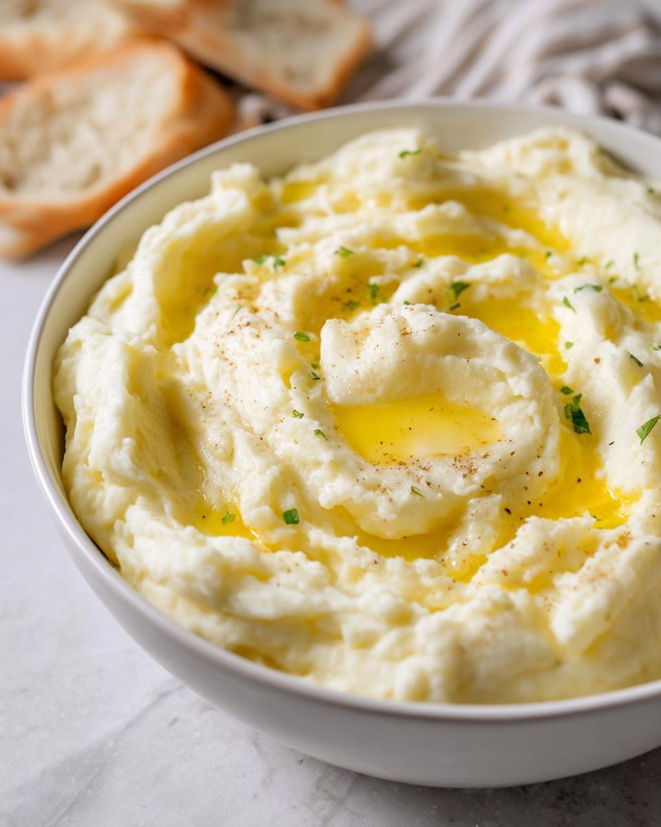 A bowl of creamy mashed potatoes recipe, topped with melted butter and fresh parsley.