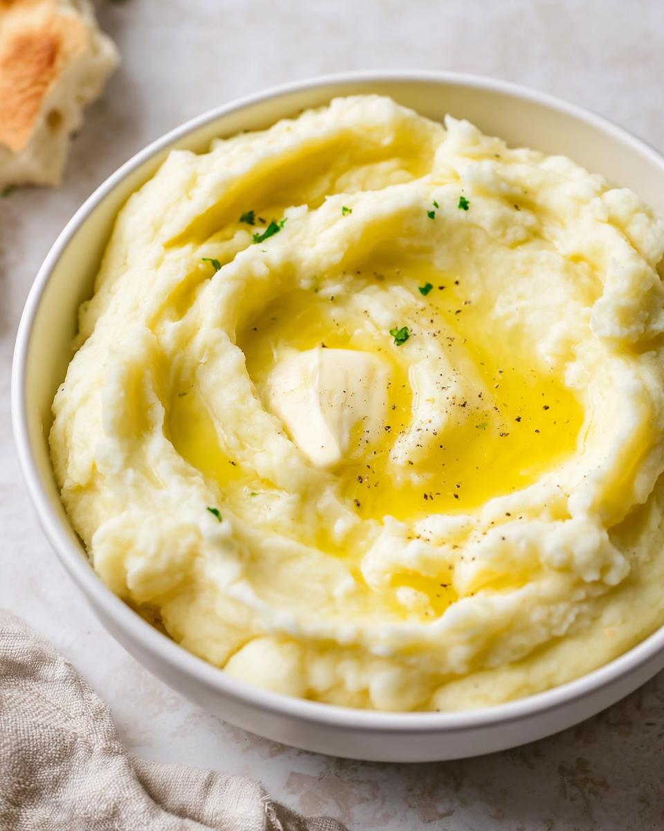 A close-up of a bowl of fluffy mashed potatoes with melted butter and a sprinkle of parsley.