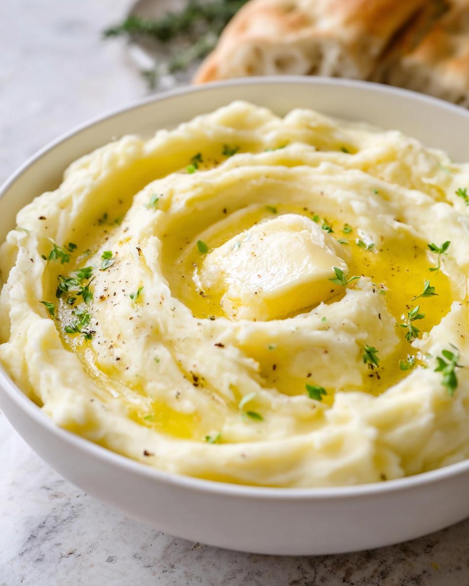 Close-up of a bowl of creamy mashed potatoes topped with melting butter, herbs, and pepper.