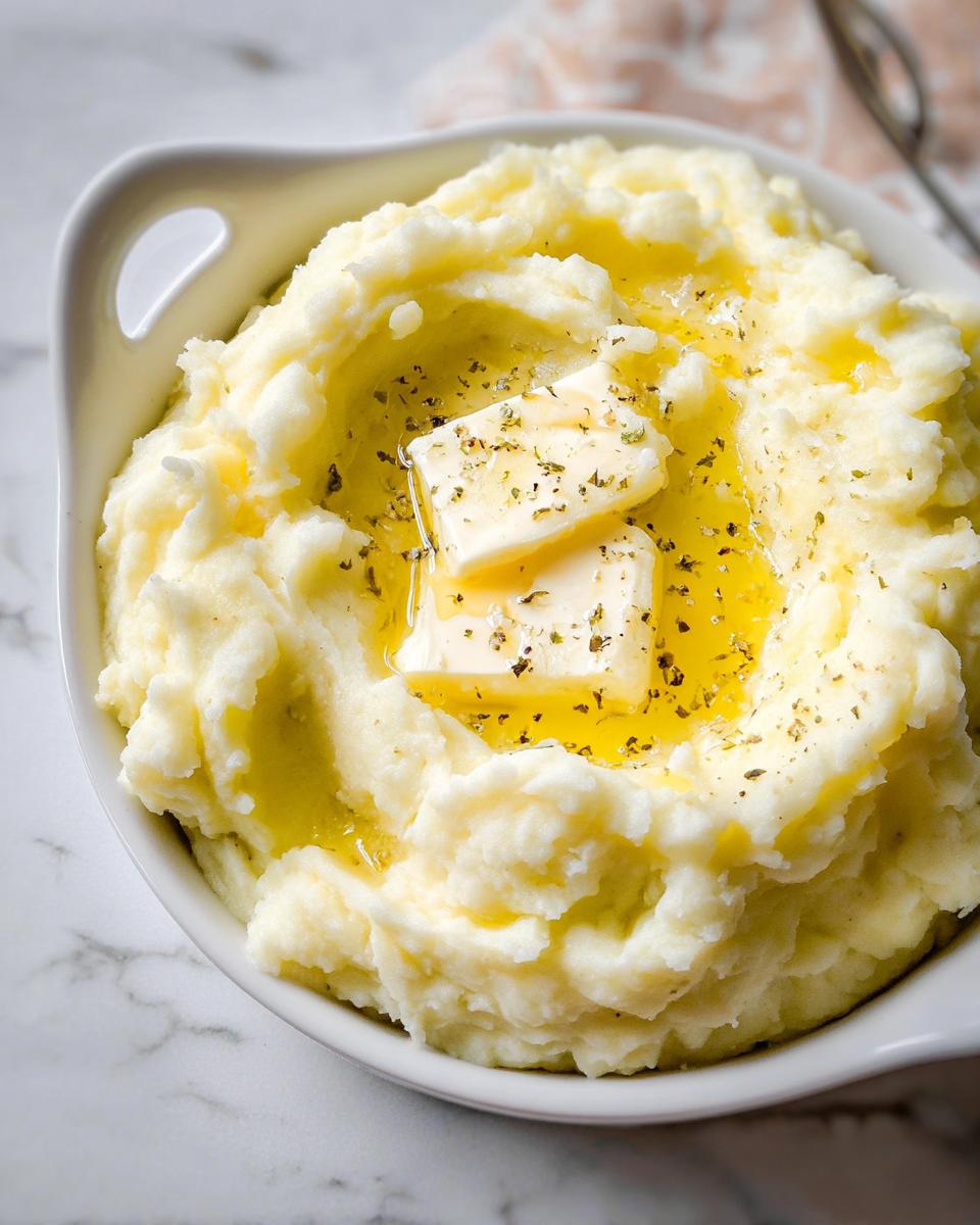 Close-up of creamy mashed potatoes recipe topped with melting butter and herbs.
