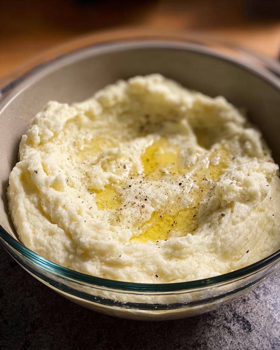 Close-up of creamy mashed potatoes recipe, topped with melted butter and cracked black pepper in a serving dish.