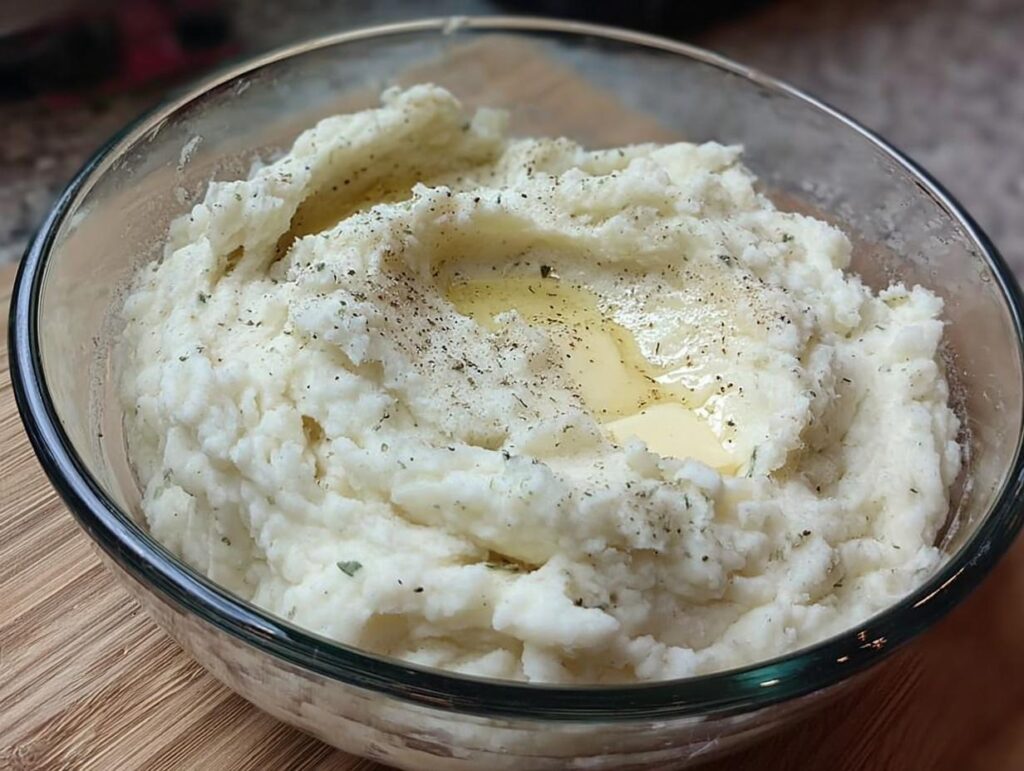 Close-up of creamy mashed potatoes in a glass bowl, topped with melting butter and herbs.