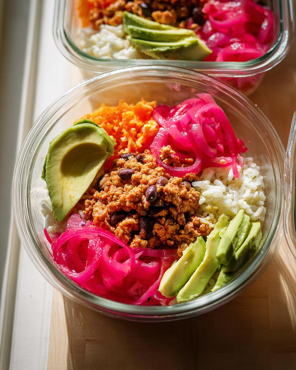 Close-up of a meal prep rice bowl with white rice, seasoned ground meat, black beans, sliced avocado, shredded carrots, and vibrant pickled red onions.