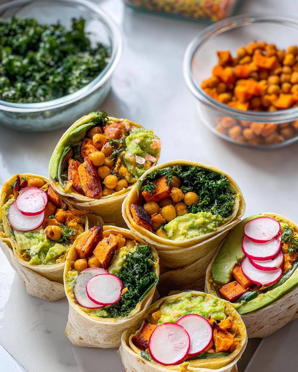 A variety of healthy meal prep sandwich wraps filled with sweet potatoes, chickpeas, kale, avocado, and radishes.