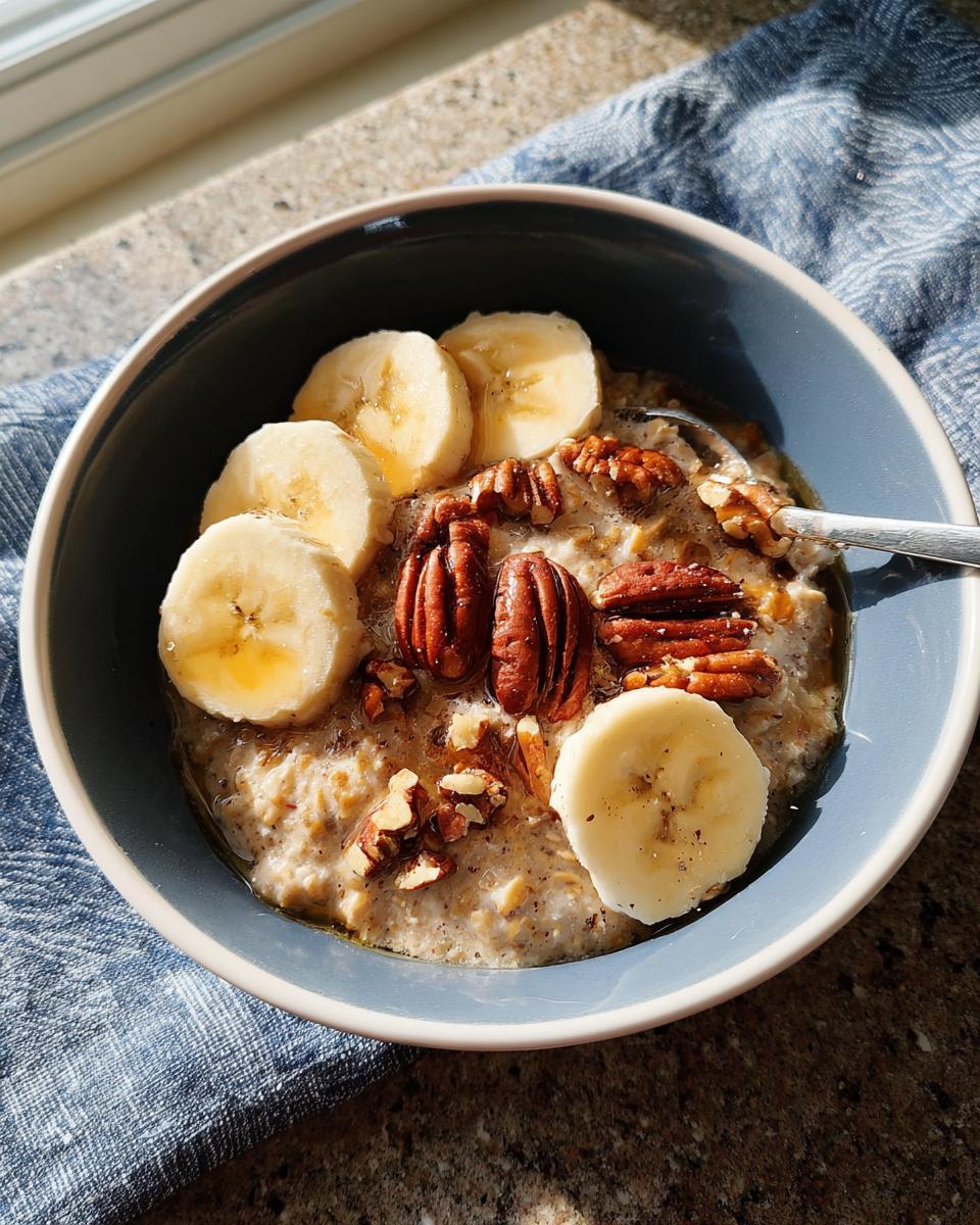A bowl of oatmeal topped with sliced bananas, whole pecans, chopped walnuts, and drizzled with honey. A quick breakfast idea.