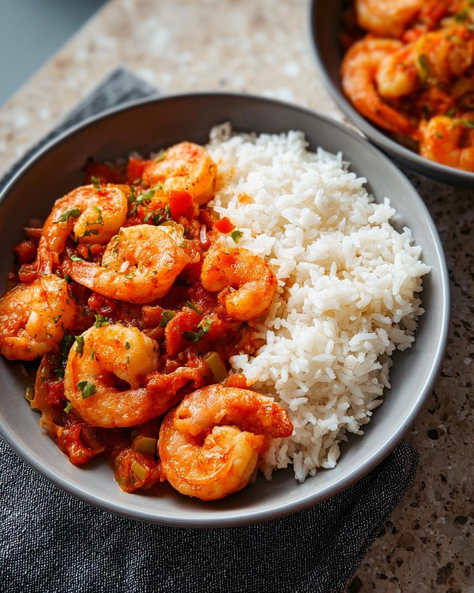 A bowl of fluffy white rice served with succulent shrimp in a rich tomato-based sauce, a perfect example of one of my favorite shrimp recipes.