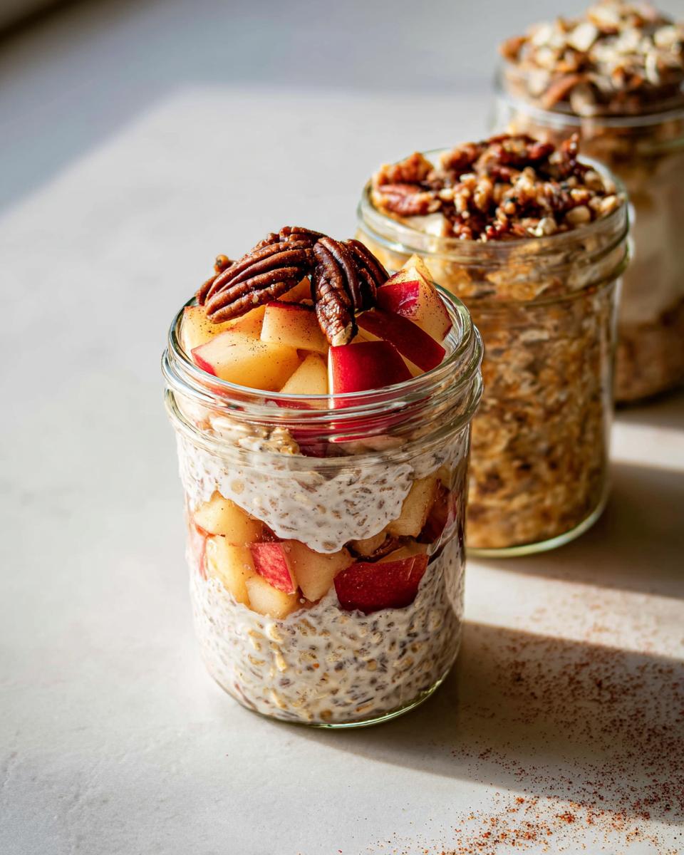 Overnight oats in a jar layered with diced apples and topped with pecans, part of healthy meals recipes.