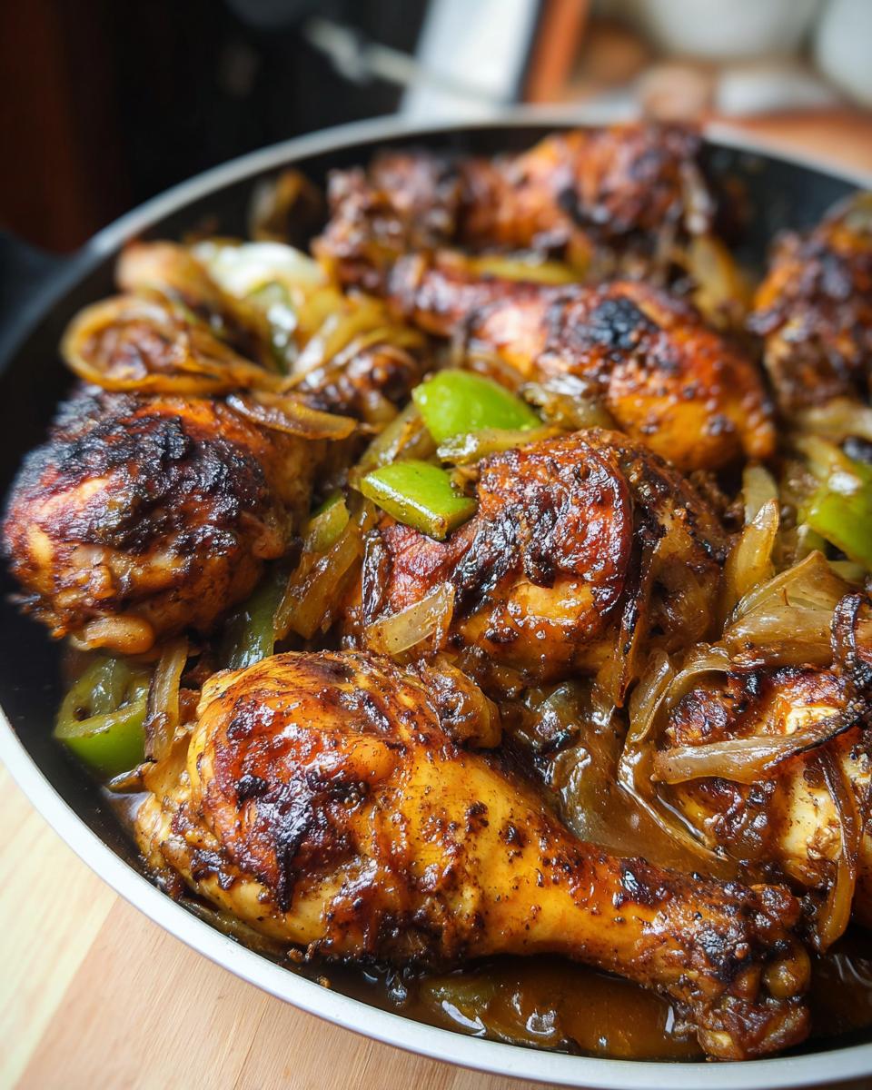Close-up of pan-fried chicken pieces with onions and green peppers, part of the only chicken recipes you'll need.