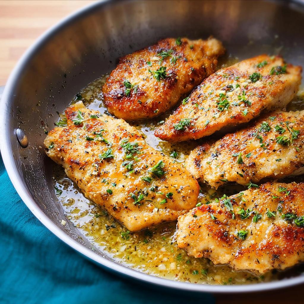 Golden pan-seared chicken breasts with herbs and garlic sauce, perfect for quick weeknight meals.