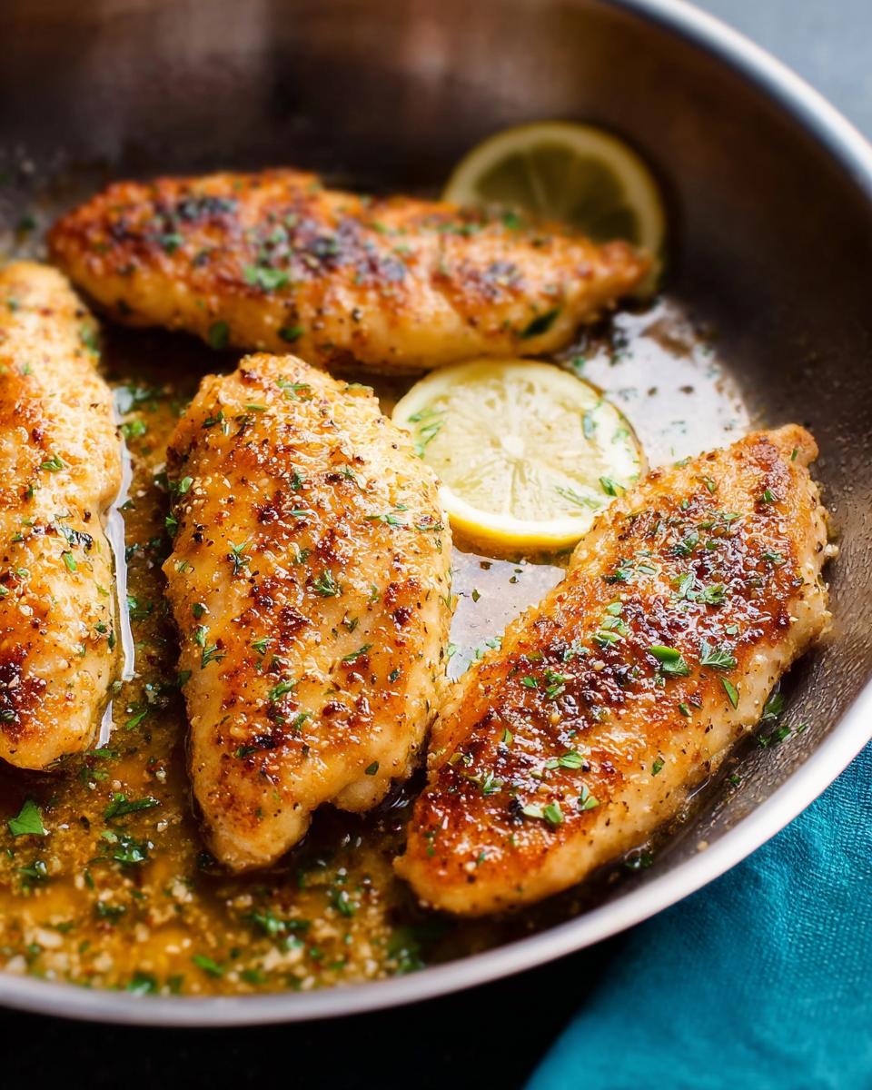 Close-up of pan-seared chicken breasts with lemon slices and herbs, part of 7 Genius Healthy Meals Recipes Ideas.