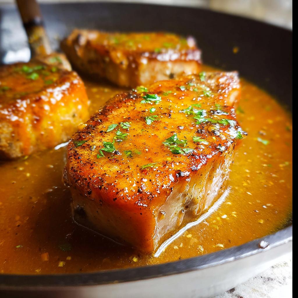 Close-up of three pan-seared pork chops in a rich, glossy sauce, garnished with fresh parsley.