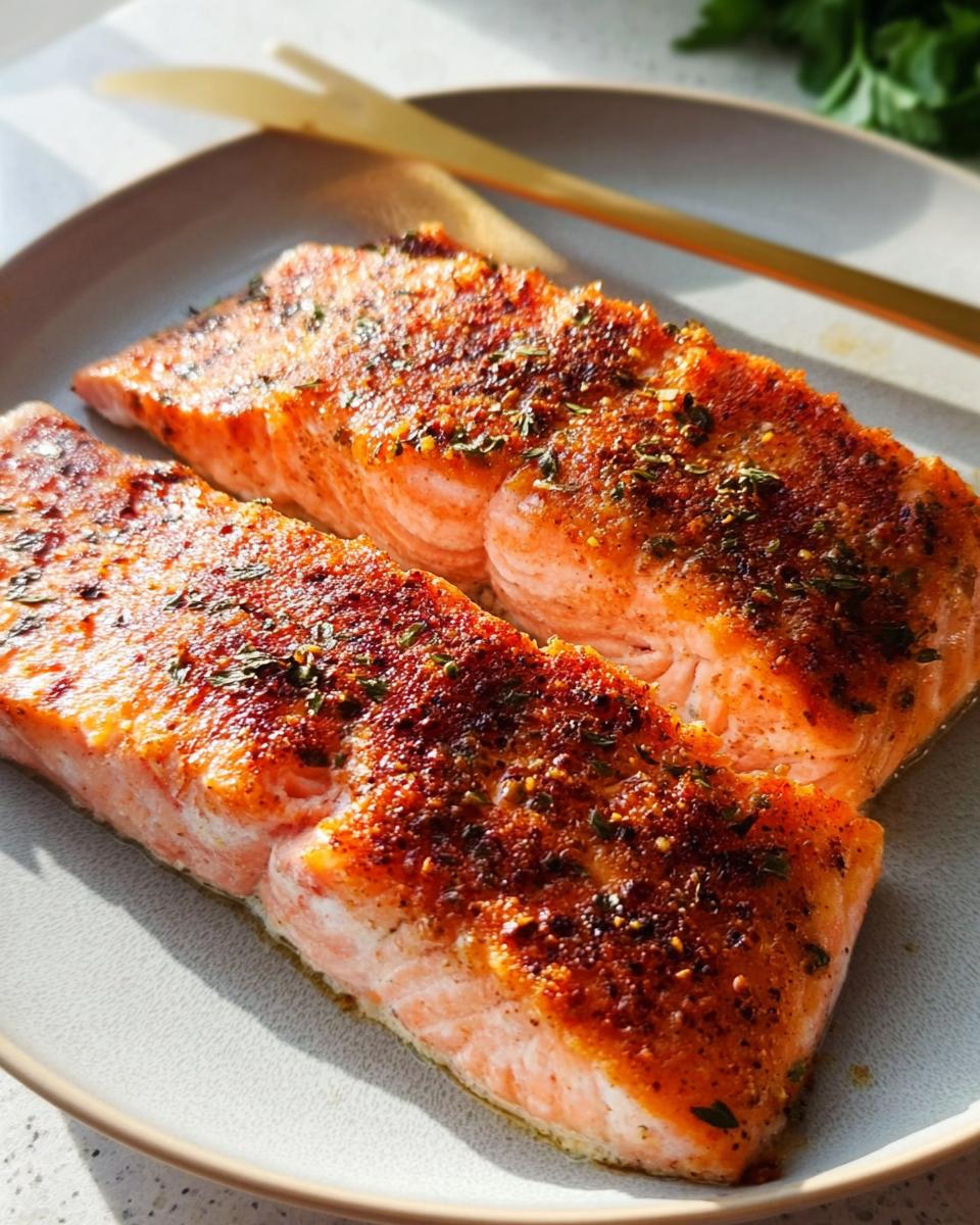 Two perfectly cooked salmon fillets with a crispy, seasoned crust on a light grey plate.