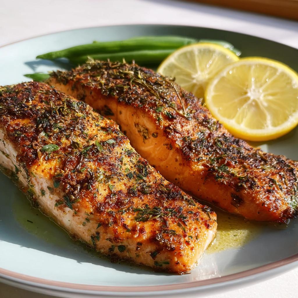 Two perfectly cooked salmon fillets seasoned with herbs, served with lemon slices and green beans.